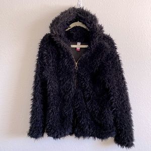 Black Faux fur lightweight women’s zip up hooded jacket